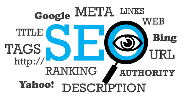 A creative SEO graphic with search-related keywords like ranking, authority, and meta tags.